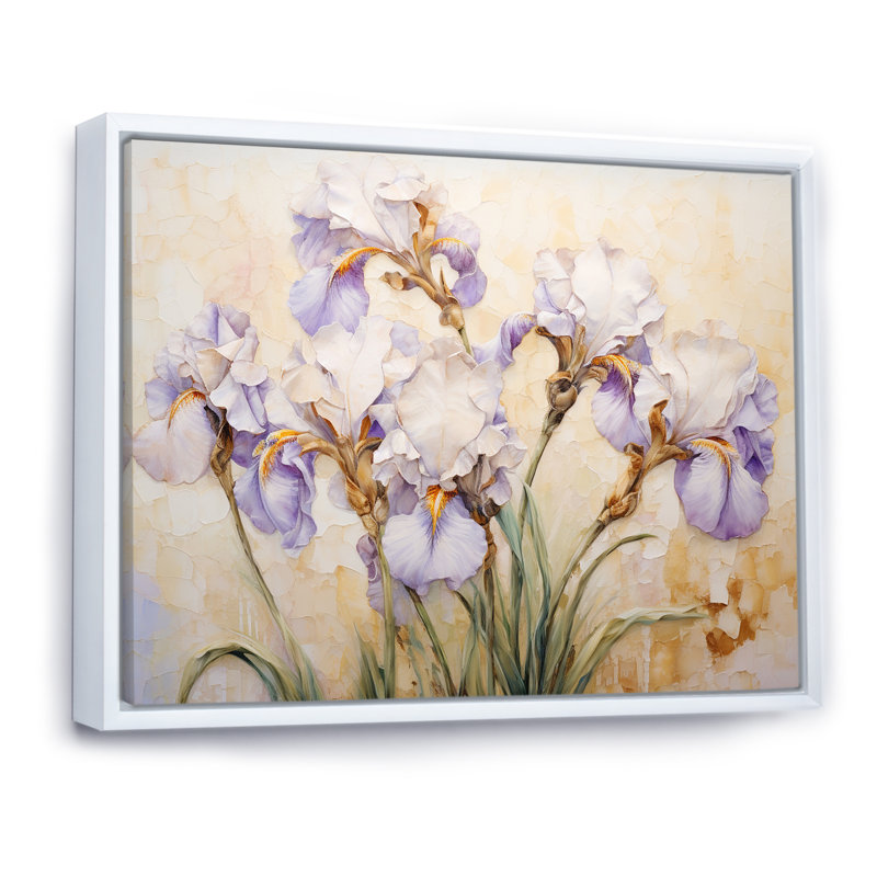 Beige minimalisme iris pétales radieux III, Cadre flottant blanc, H 34 po x l 44 po x P 1,5 po