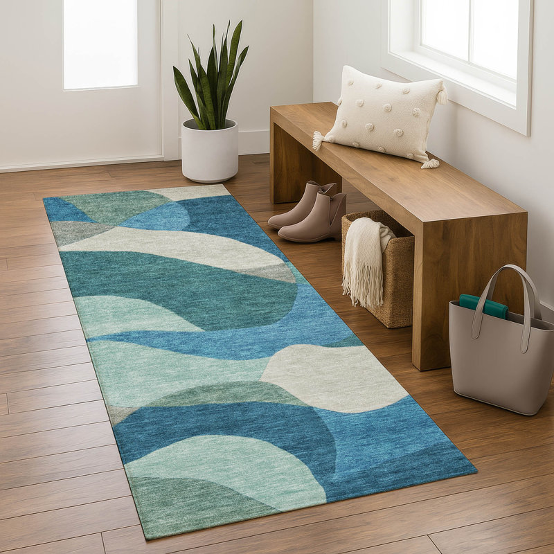 Premium Machine Washable Mayfield AMF2141 abstract Rug, 2'3" x 7'6" Runner, Teal