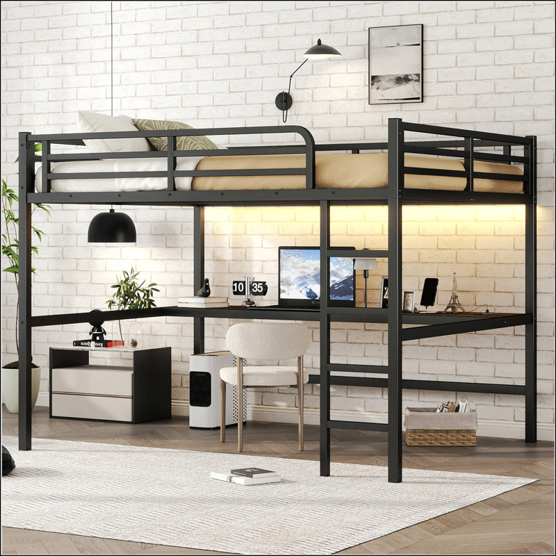 Grand lit mezzanine en métal avec prise de courant et éclairage DEL
