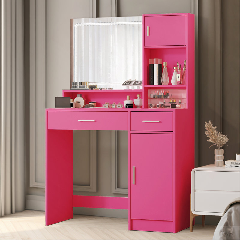 Vanity Desk With Mirror And LED Light Strip,Dressing Table With Large Drawer, 3 Level Storage Dresser & 3 Lighting Modes Adjustable Brightness, Suitable For Bedroom(Rose Pink)