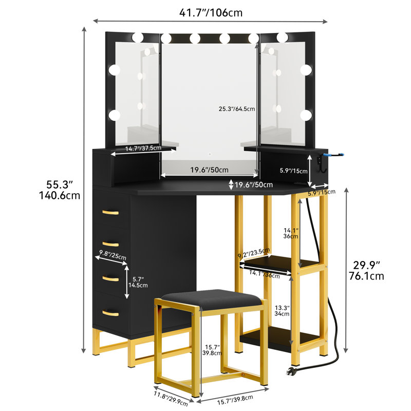 Clarkesville Tri-fold Mirror Vanity corner vanity, Black