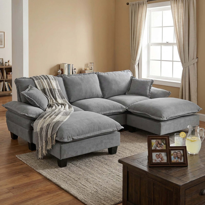 Canapé modulaire modulaire en forme de U avec voilier, 2 repose-pieds mobiles et 2 coussins moelleux, canapé en chenille confortable pour appartement et salon, gris
