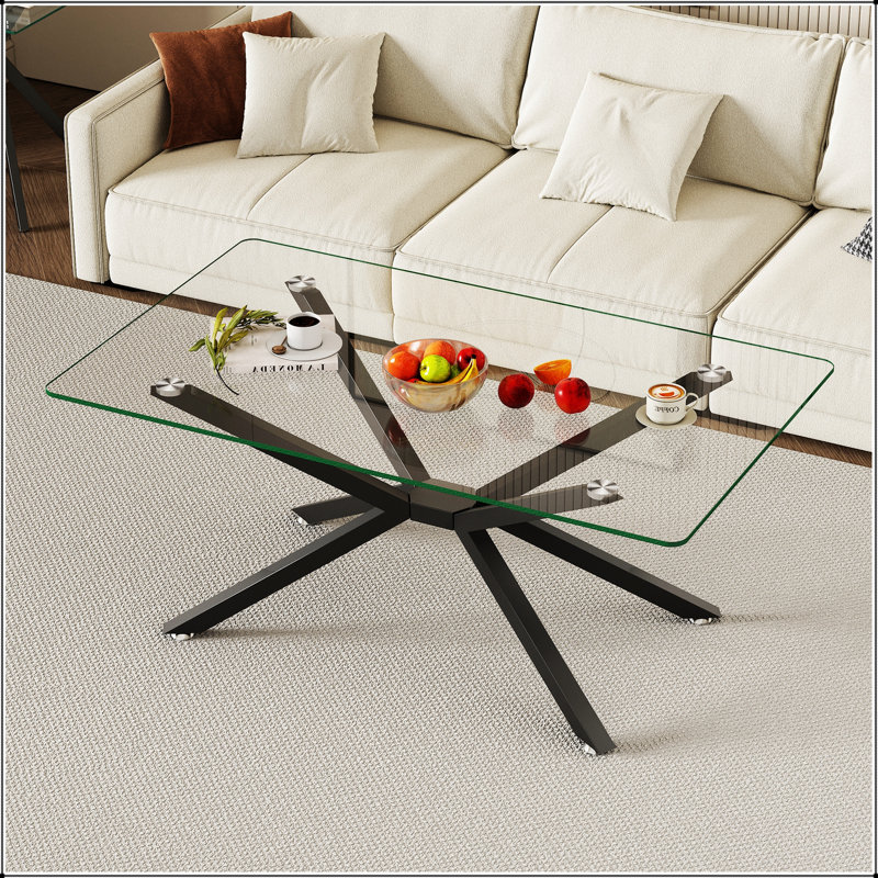 Table basse rectangulaire en verre trempé transparent de 39,37 pouces avec pieds élégants en métal doré, parfaite pour les salons modernes