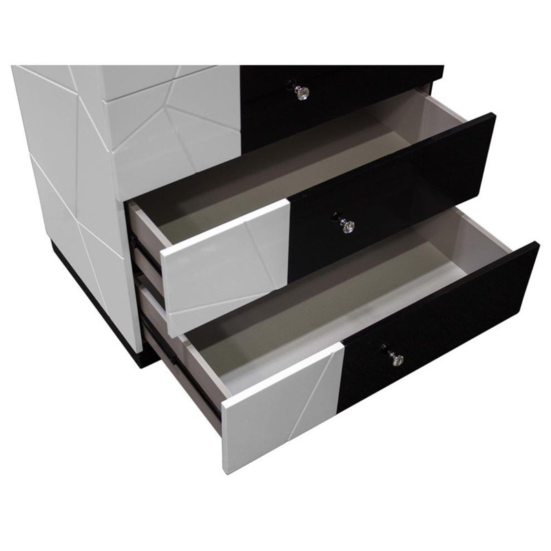 Unité de rangement moderne à 5 tiroirs avec commode en bois laqué, rangement à motif géométrique et poignée en cristal