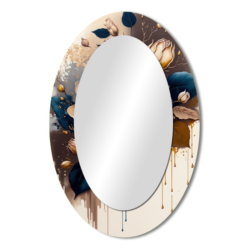 Brown and Blue Rose Design - Miroir mural brun traditionnel, 36 po x 24 po