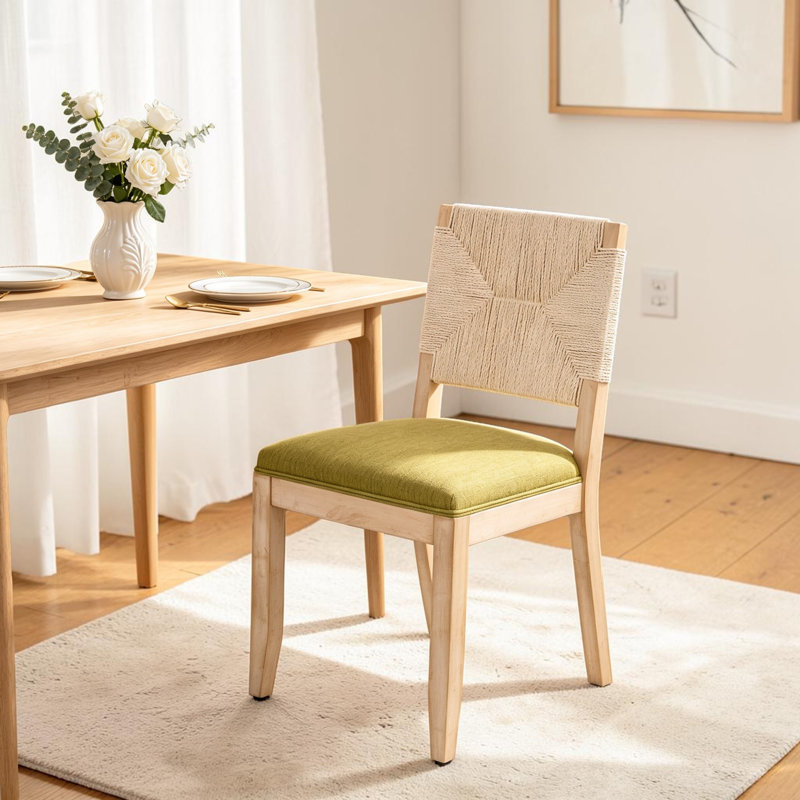 Chaises de salle à manger rembourrées Amando French Country, chaises en bois Boho avec dossier tissé et siège en lin, structure en bois massif