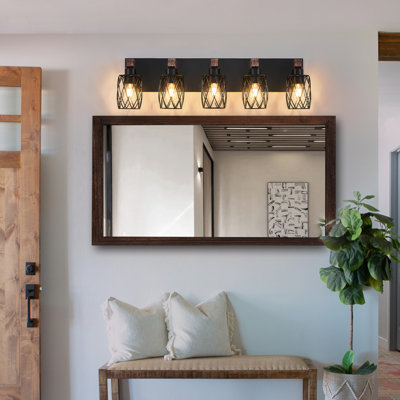 Industrial Vintage 5 - Wall Sconce 31 Inches Long Black Cage Lighting With Wooden Accents For Bedroom, Dressing Room, Hallway, Quick And Easy Installation 31-Inch 5- Bathroom, Living Entryway,
