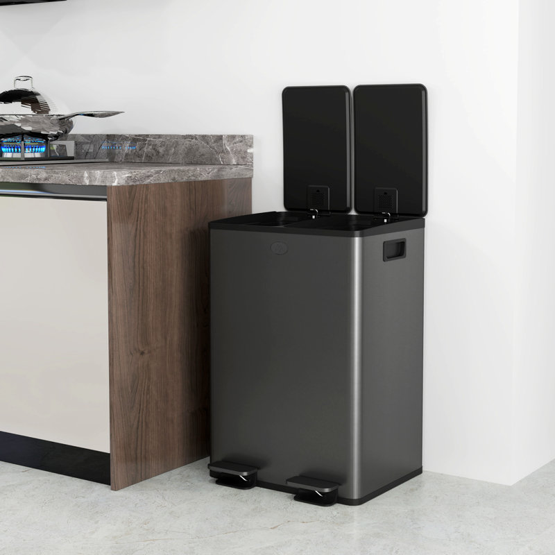 Steel,Plastic Step On Multi-Compartments Rubbish & Recycling Bin - 56L, Black