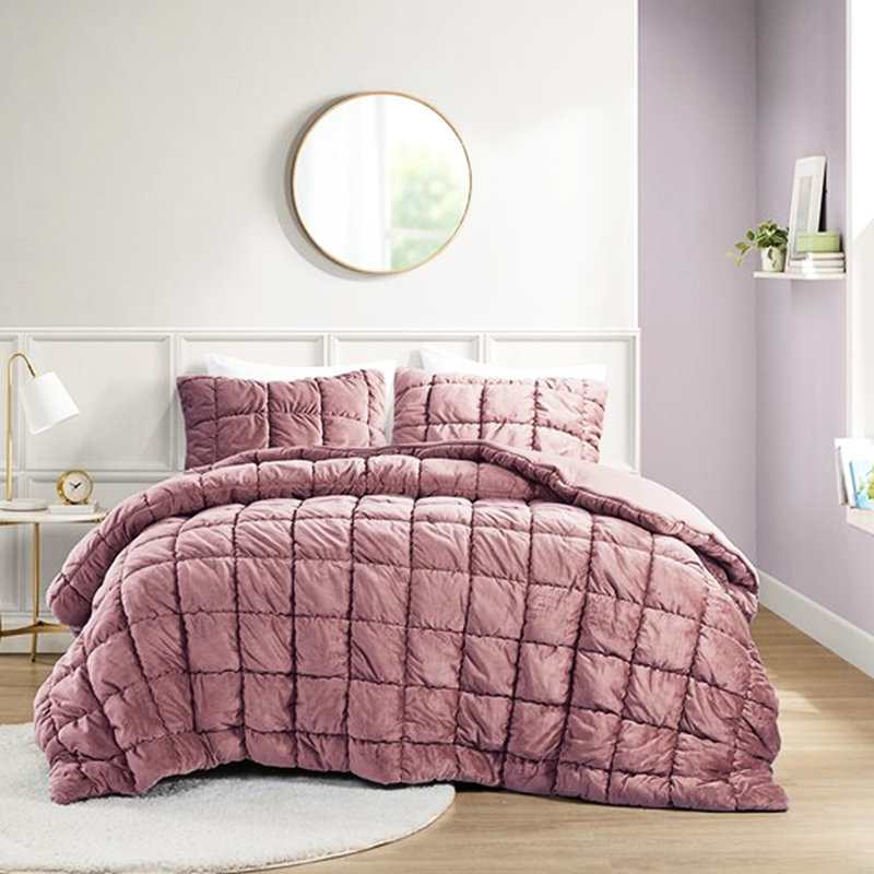 Édredon 3 pièces double / grand - face en velours, envers en microfibre, bourre en duvet synthétique, surpiqûres 3D, boîte, lavable à la machine, rose pour l'hiver, 3 pièces avec envers, rembourrage, couture, confort pour la saison froide