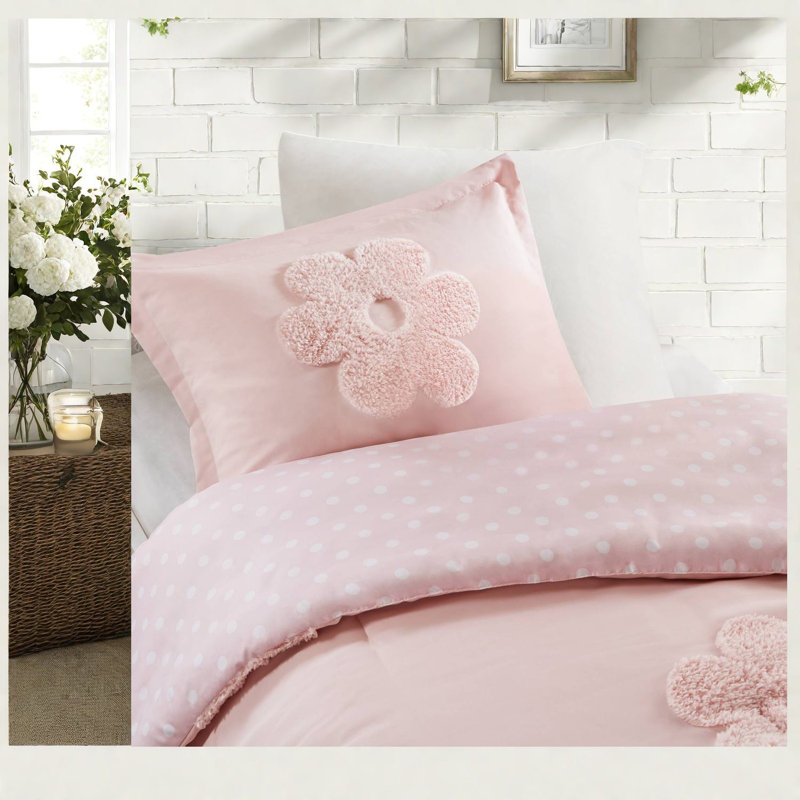 Soft Pink Twin Bedding Sets, Chenille Tufted Floral Design, Reversible & Antimicrobial