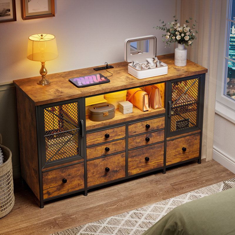 Modern 8-drawer Dresser Tv Stand With Metal Mesh Doors & Built-in Outlets - Bedroom Storage, Black