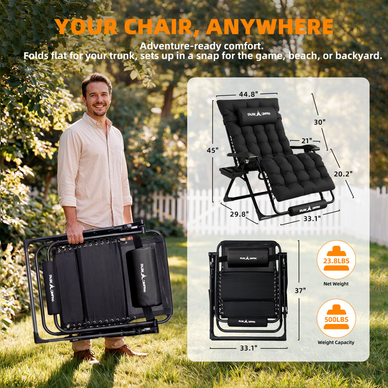 Chaise longue pliante inclinable avec coussins épais XXL XXL, Noir