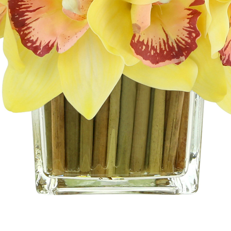 Orchids Arranged in Bamboo-Filled Glass Vase, Yellow
