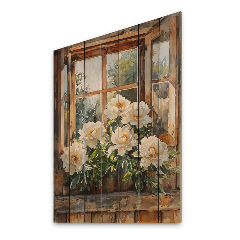 Peonies At The Barn Window II - Peonies Wood Wall Decor - On Natural Pine Wood, 32" H x 24" W x 0.78" D