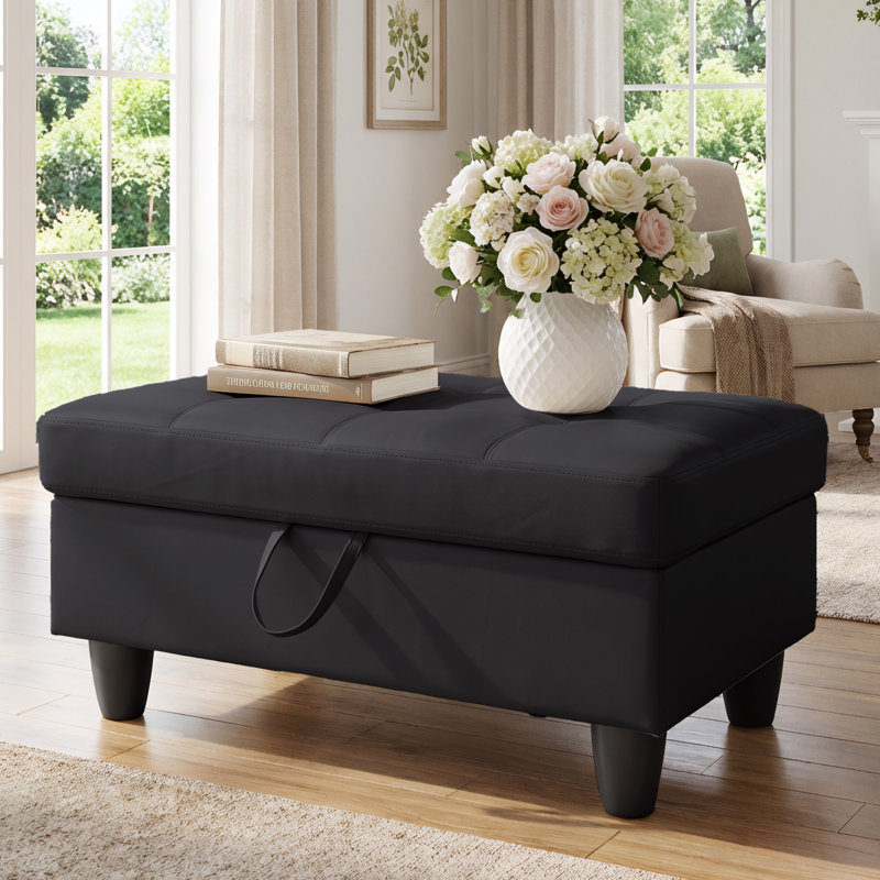 Rectangular Storage Ottoman Bench With Hinged Lid, Faux Leather Footrest For Living Room, Bedroom, Entryway, Black, 35"X23.5"X17.5"