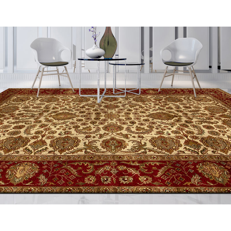 Tapis ivoire et rouge noué à la main de haute qualité