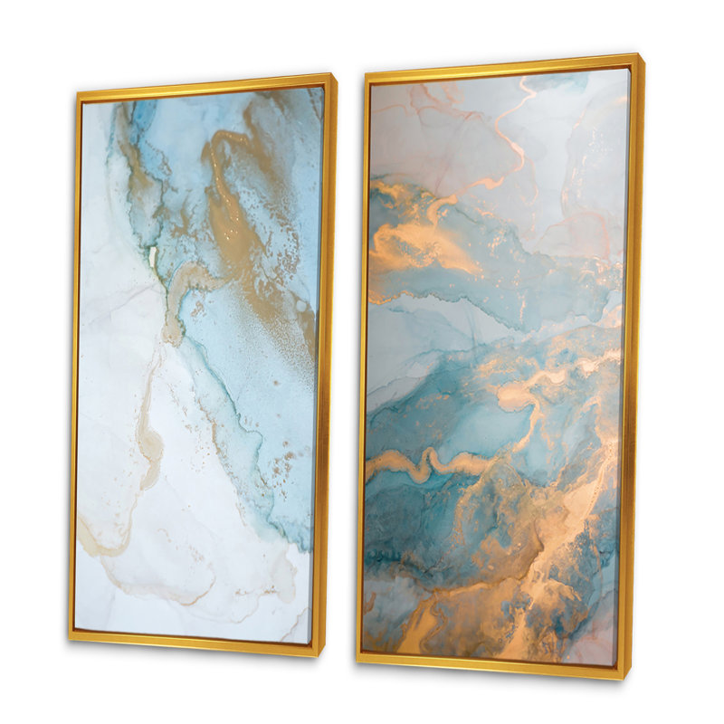 «Luxury Turquoise Gold Marbré Flow Art II», ensemble de 2 impressions sur toile, H 32 po x l 32 po x P 1 po