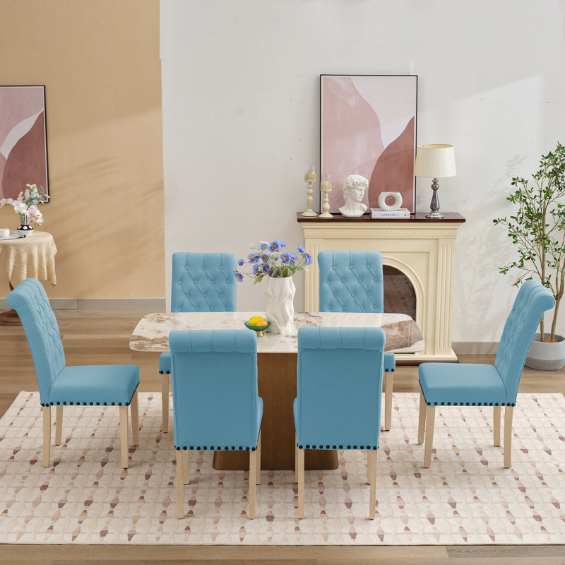 Amby Linen Tufted Upholstered Parsons Dining Chairs with Wood Legs, Light Blue