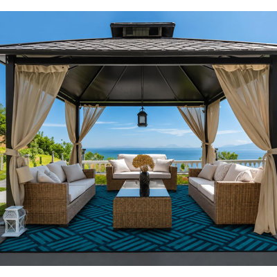 Waterproof Reversible Outdoor Rug - UV Resistant Quick-Dry Polypropylene Patio Mat for Deck Porch Backyard - Collapsible Plastic Carpet with Modern Striped Design Black White / Black Blue