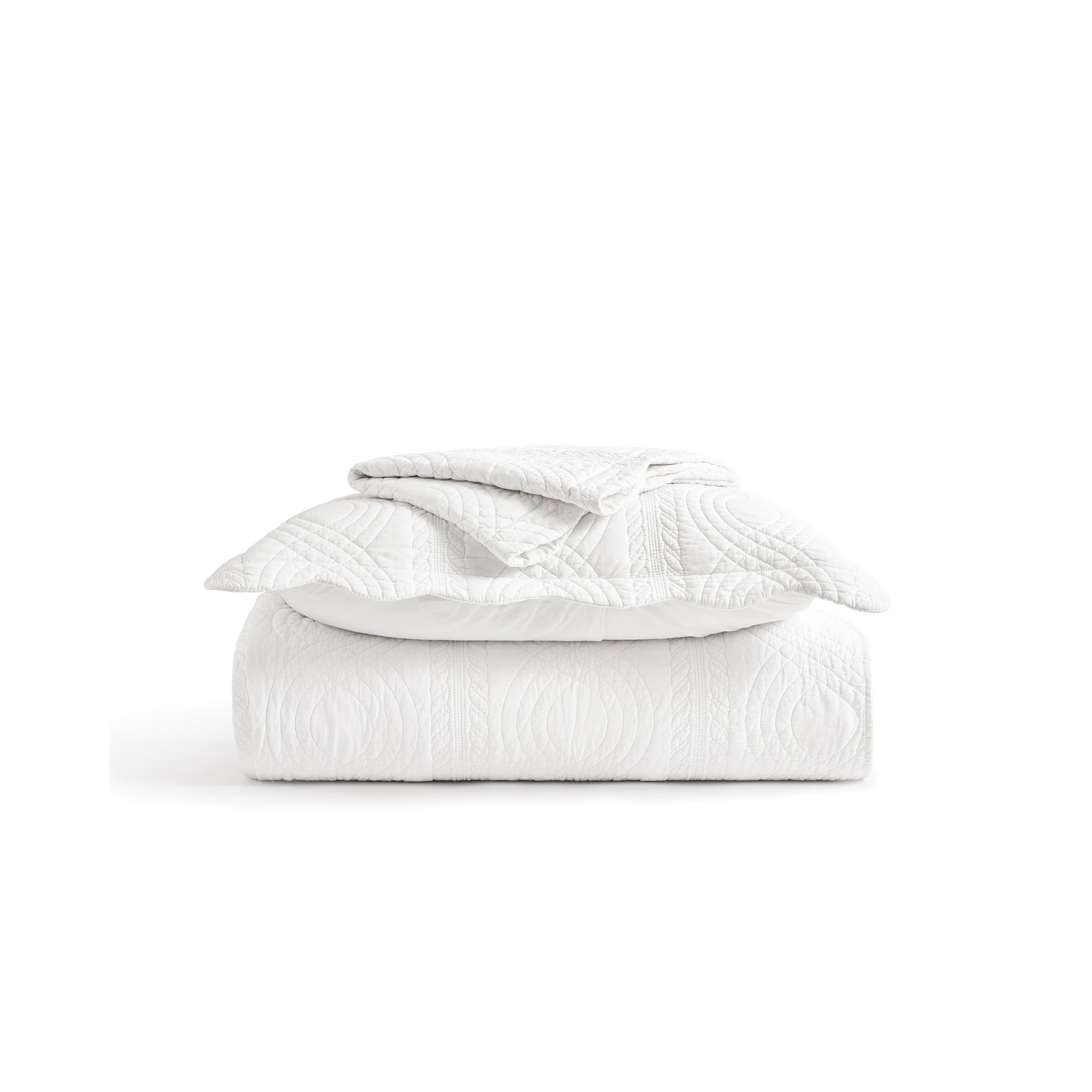 Scallop Edge 100% Cotton Quilt Set, King Quilt + 2 King Shams, Bright White