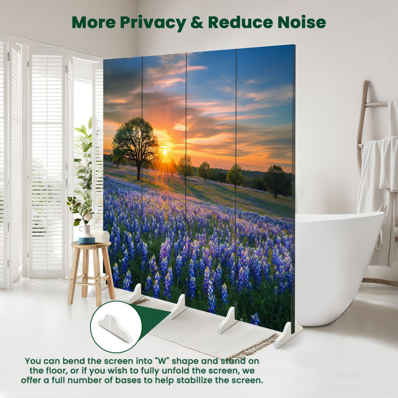 Cloison pliante à 4 panneaux Royal Texas Bluebonnet Field Sunrise, 71" H x 64" W x 1" D, 4