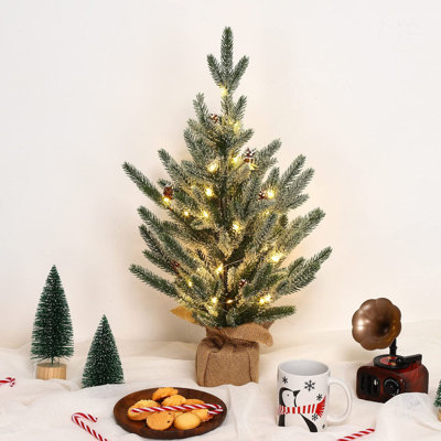 Pre-Lit 24" Flocked Artificial Christmas Tree – Tabletop Decor with Pinecones & Timer