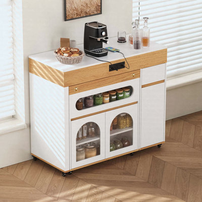 Extendable Dining Table with Extra-Long Folding Top, Rolling Kitchen Island with Drawers, Power Outlet and Brake lock, Storage Cabinet for Kitchen and