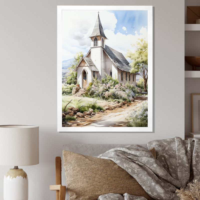 Aquarelle de la chapelle de mariage blanc au printemps rustique, White Picture Framed, 40" H x 30" W