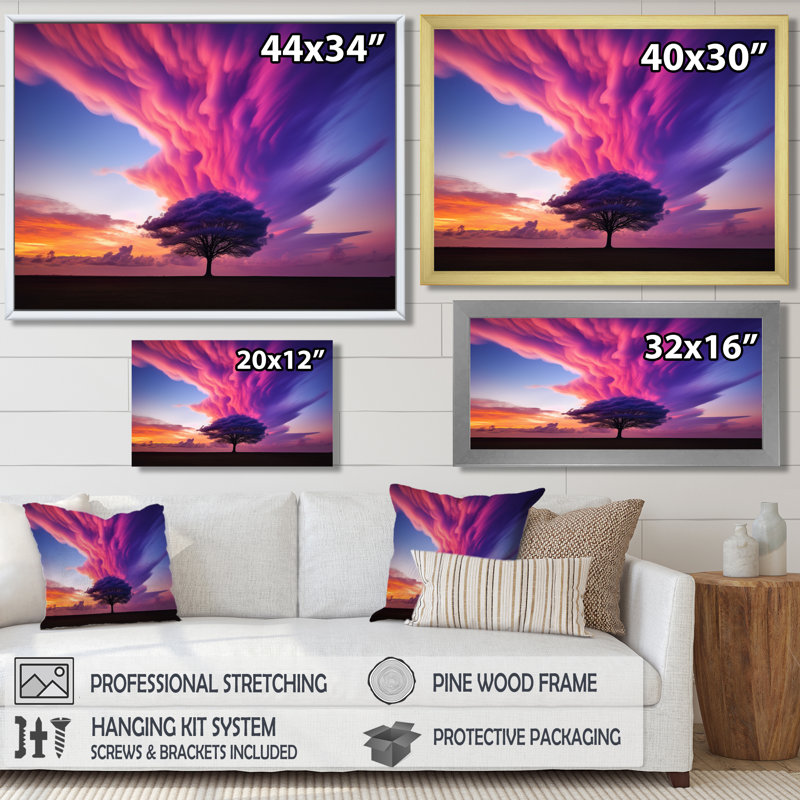 Seul arbre majestueux, ciel mauve, impression d'art mural, H 24 po x l 32 po x P 1 po, Toile avec cadre flottant noir