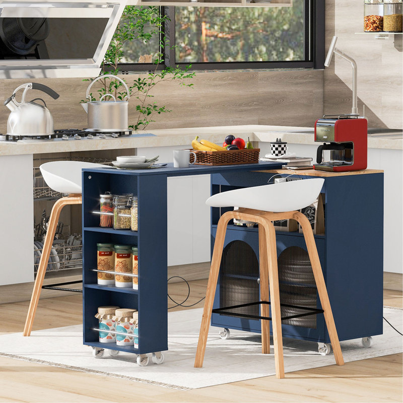 Rolling Kitchen Island With Extended Table, Kitchen Island On Wheels With LED Lights,Power Outlets And 2 Fluted Glass Doors, Kitchen Island With A Storage Compartment And Side 3 Open Shelves
