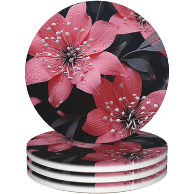 4Pcs Drink Coasters With Holder Absorbent Coffee Cup Mat Decorative Bar Coaster With Cork Back Coasters For Drinks  Flower Ceramic Table Coaster Set For Home Decor Gift