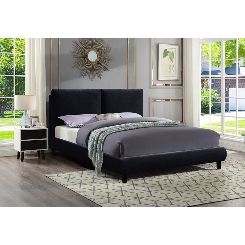 Lit plateforme tapissier moderne avec tête de lit à couture verticale, cadre de lit en tissu, aucun sommier requis, King