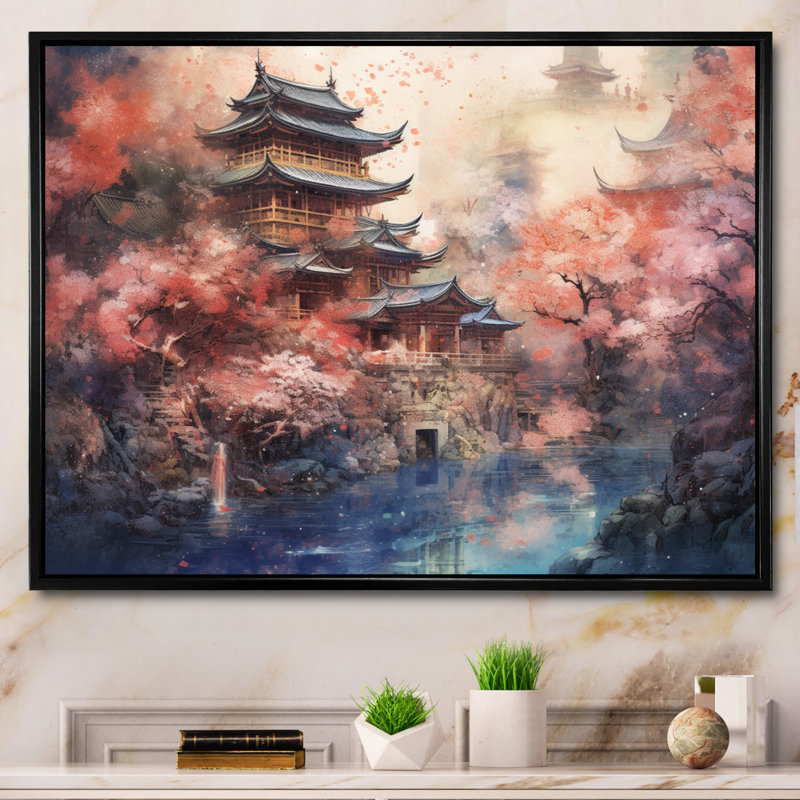 Antyone, Japon, paysage du soleil levant V - Art mural japonais, Cadre flottant noir, H 34 po x l 44 po x P 1,5 po
