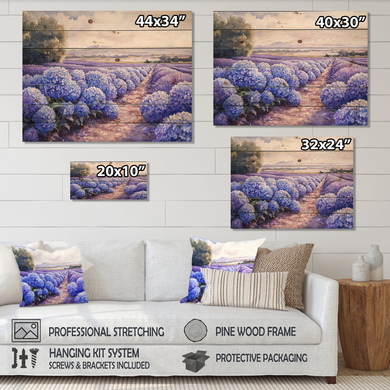 Hortensias dans le champ de lavande II - Art mural en bois d'hortensias - sur bois de pin naturel, H 10 po x l 20 po
