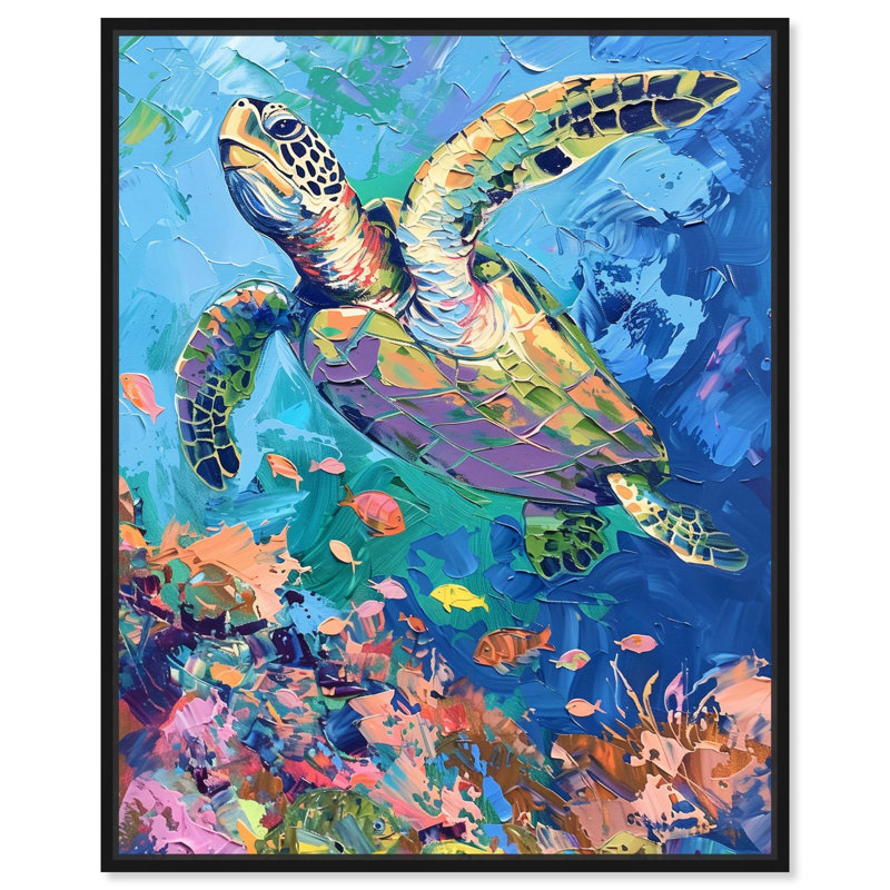 «Whimsical Turtle», art mural bord de mer par Art Remedy, Cadre noir, H 21 po x l 17 po
