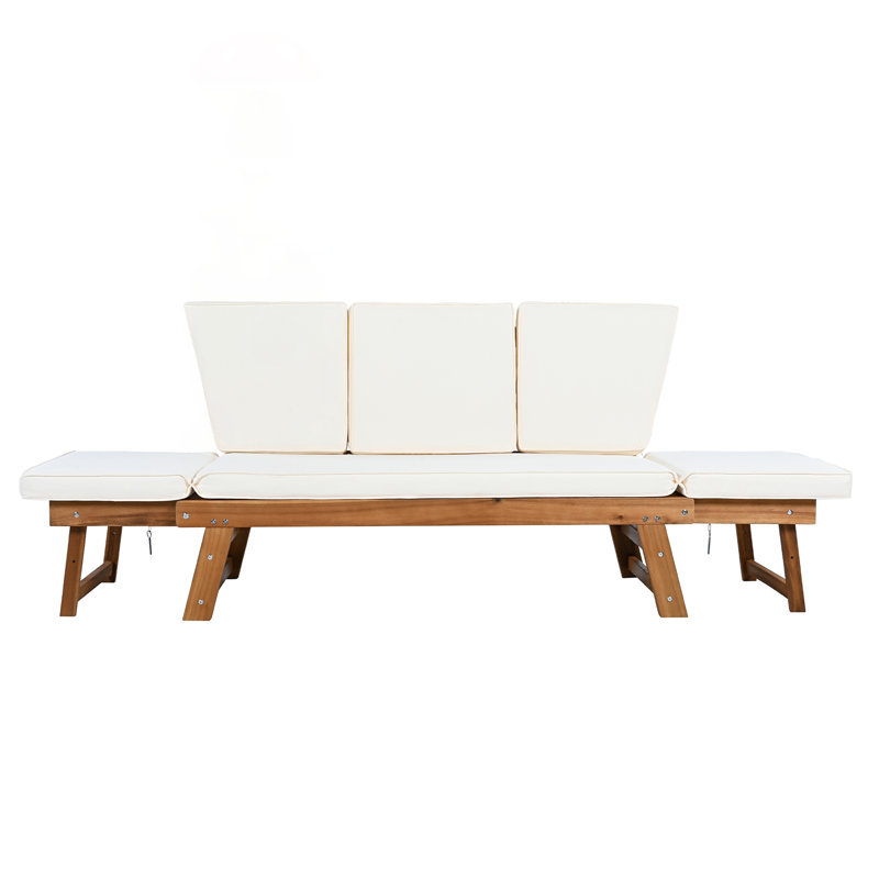 Outdoor Adjustable Patio Wooden Daybed Sofa Chaise Lounge With Comfortable Cushions For Small Spaces, Natural Finish And Beige Cushion