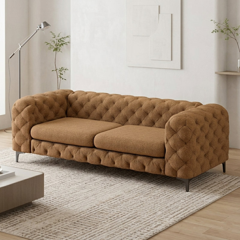 Willa Tufted Polyester Chesterfield Loveseat / Sofa with Black Metal Legs, 3, 29.5" H x 93.5" W x 39" D, Orange Polyester