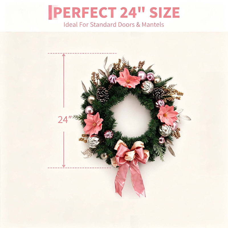 Couronne de Noël 24 po avec 20 lumières DEL, fleur de pin, boule et boule pour porte d'entrée, manteau de cheminée et décoration de fenêtre 24 po