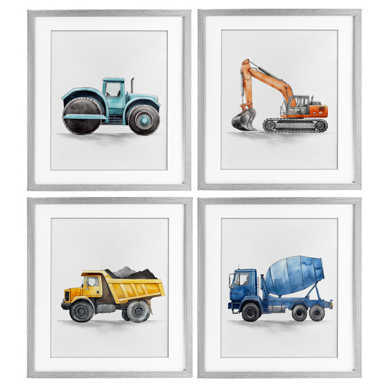 Ensemble de 4 pièces de travail sous camion sous-verre, par Christine Simpson Art, H 16 po x l 13 po, Cadre de ferme gris