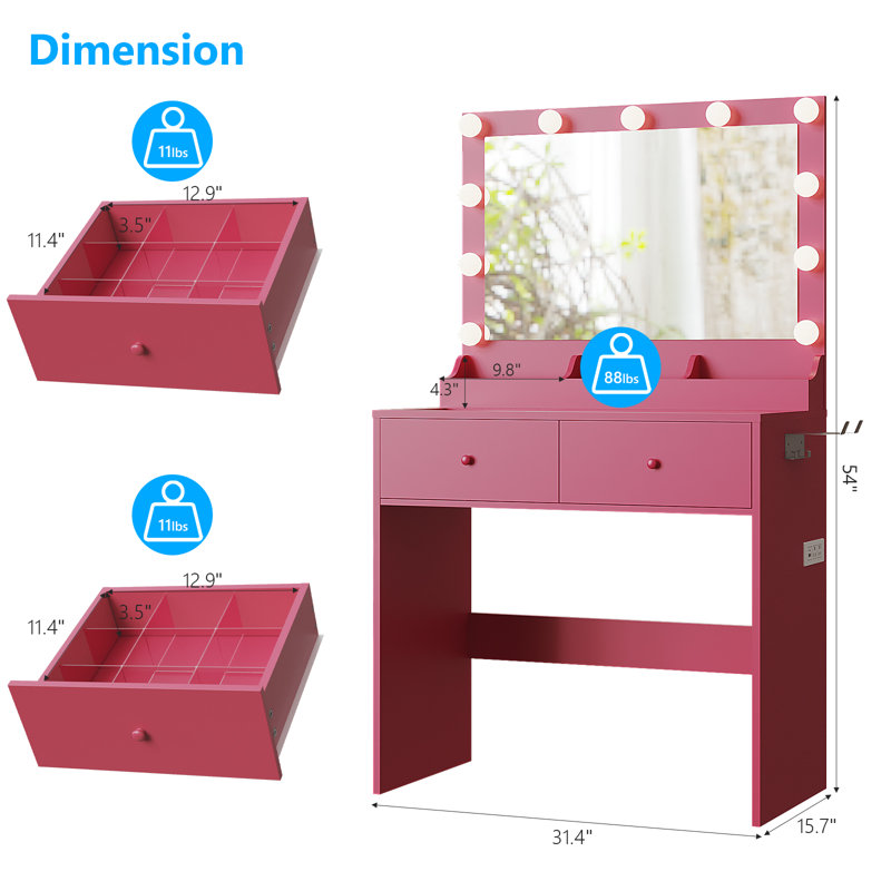 Bureau de meuble-lavabo avec lumières 3 couleurs - plateau en verre, 2 tiroirs et multiprise, Rose foncé