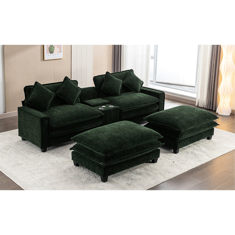 111" Sectional In With Double Cushion, Two Removable , Ports, Cup Holders And Storage For Living Room Experience Room, Chenille, Hidden