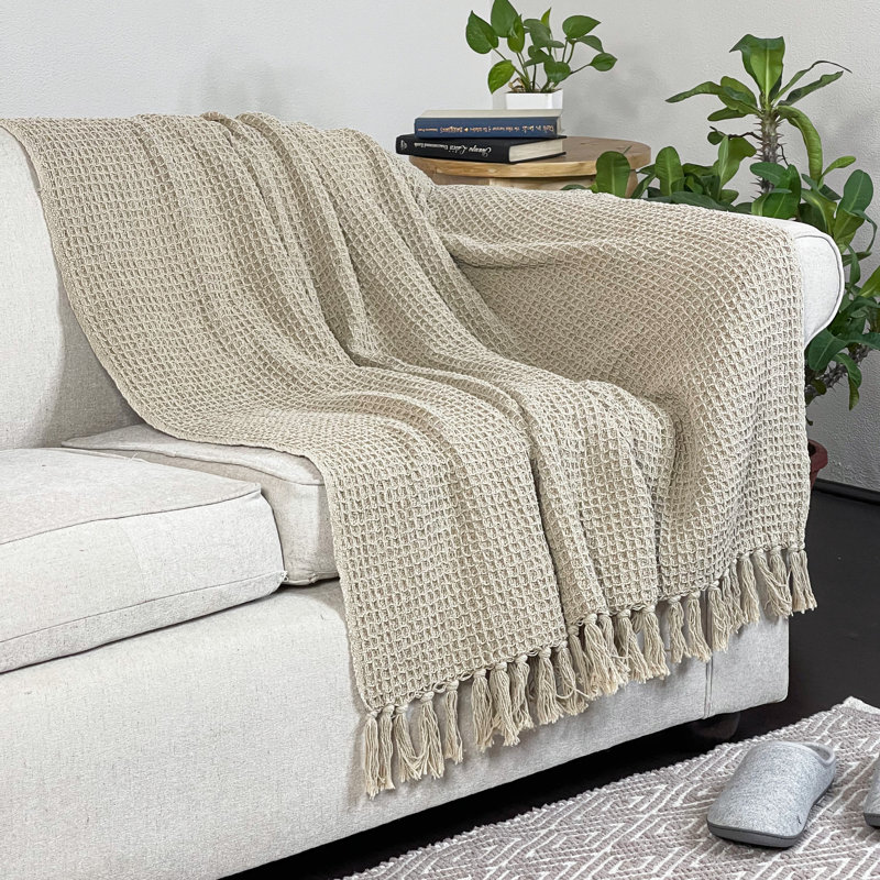Beige Cotton Waffle Weave Lightweight Throw Blanket