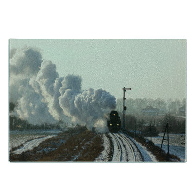 Ambesonne Steam Engine Tempered Glass Cutting Board Train Snowy Scene Pale Grey