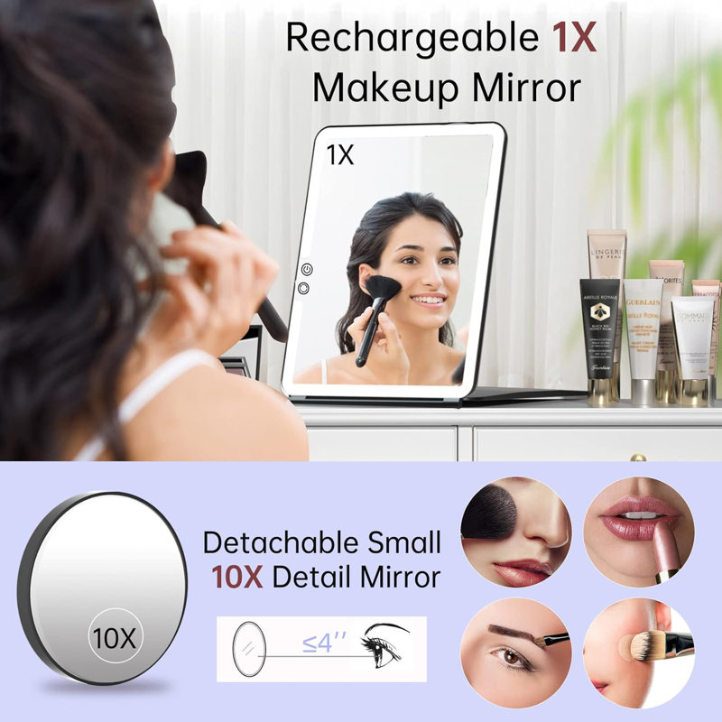 Rechargeable Lighted Magnifying Travel Makeup Mirror, Black