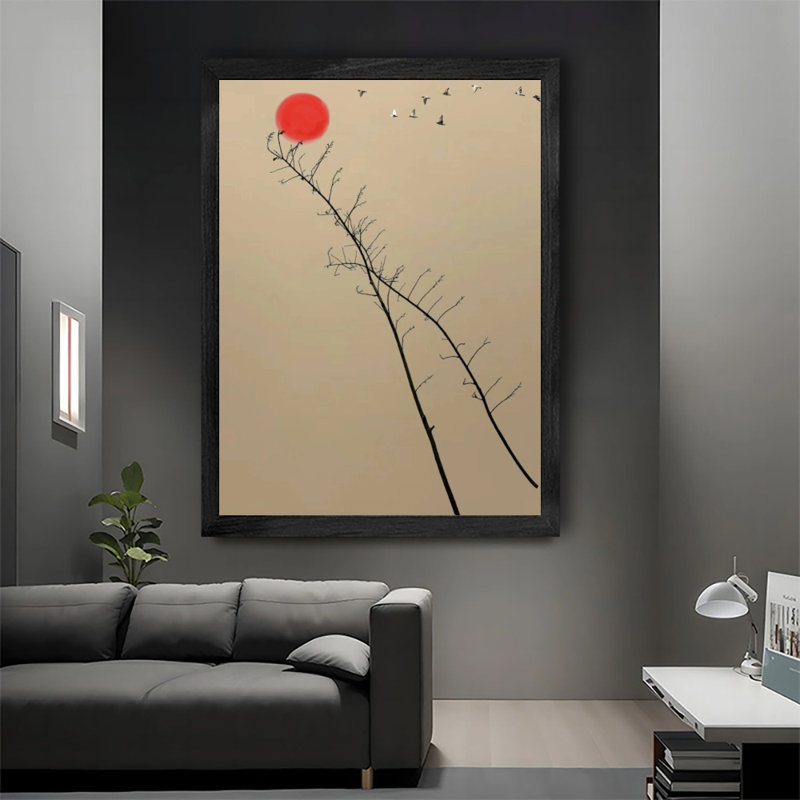 Oeuvre encadrée noire minimaliste prête à être accrochée à la boule rouge, cadre encadré en bois noir inclus