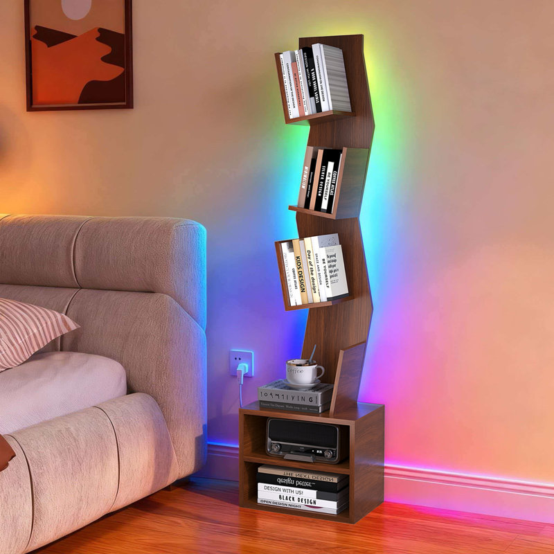 6-Tier Floor Bookshelf with RGB LED Lights, Geometric Design Corner Bookcase, 54" Tall Modern Storage Shelf For Home Office and Living Room