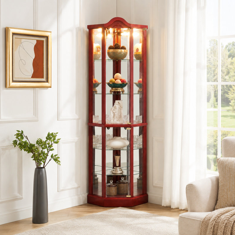 Vitrine de coin transitionnelle éclairée avec portes en verre, cerisier