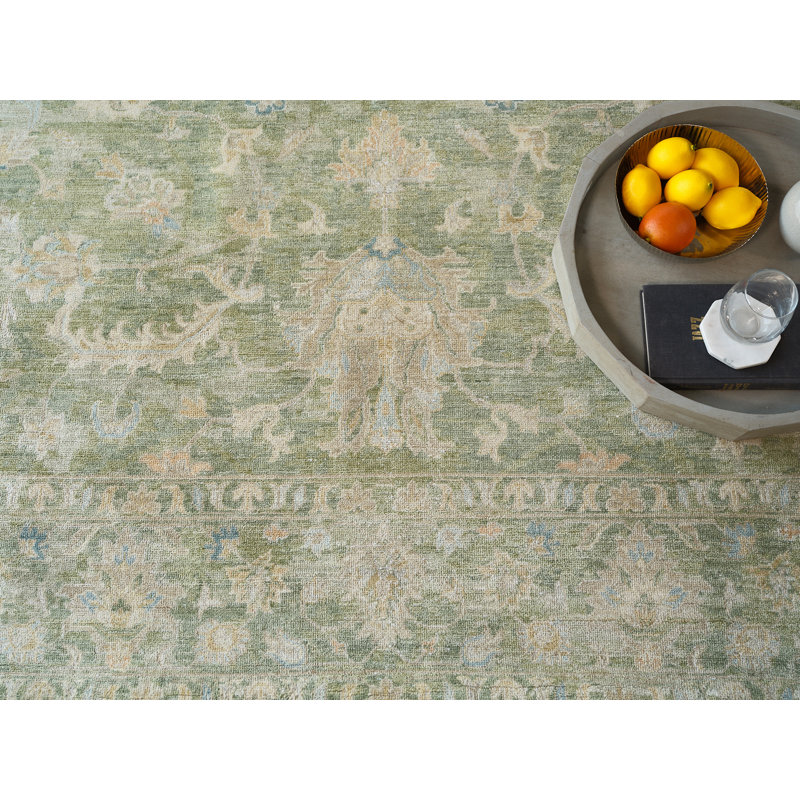 Santorini hand-knotted Wool/Silk Green Area Rug, Light Silver, Rectangle 9' x 12'