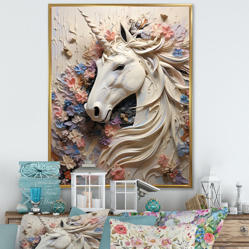 Impression sur toile Luscious Unicorn Fantasy Flower, H 32 po x l 24 po x P 1 po, Cadre flottant doré