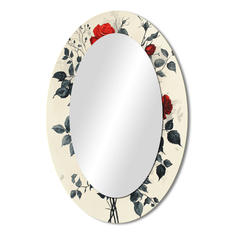 Midnight Red Black Roses Bouquet - Miroir décoratif floral ovale sur métal, 36 po x 24 po